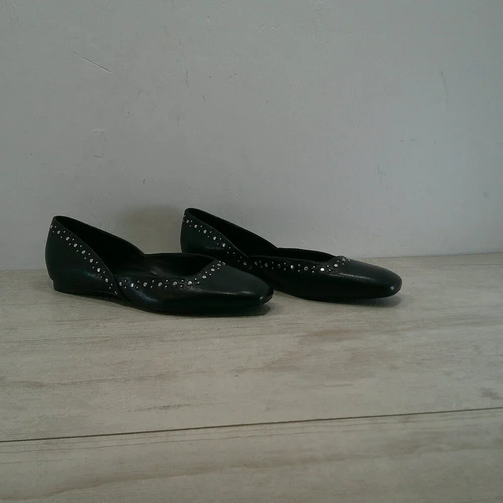 Naturalizer Black Leather D'Orsay Square Toe Studded Cody 3 Ballet Flats SZ 7.5